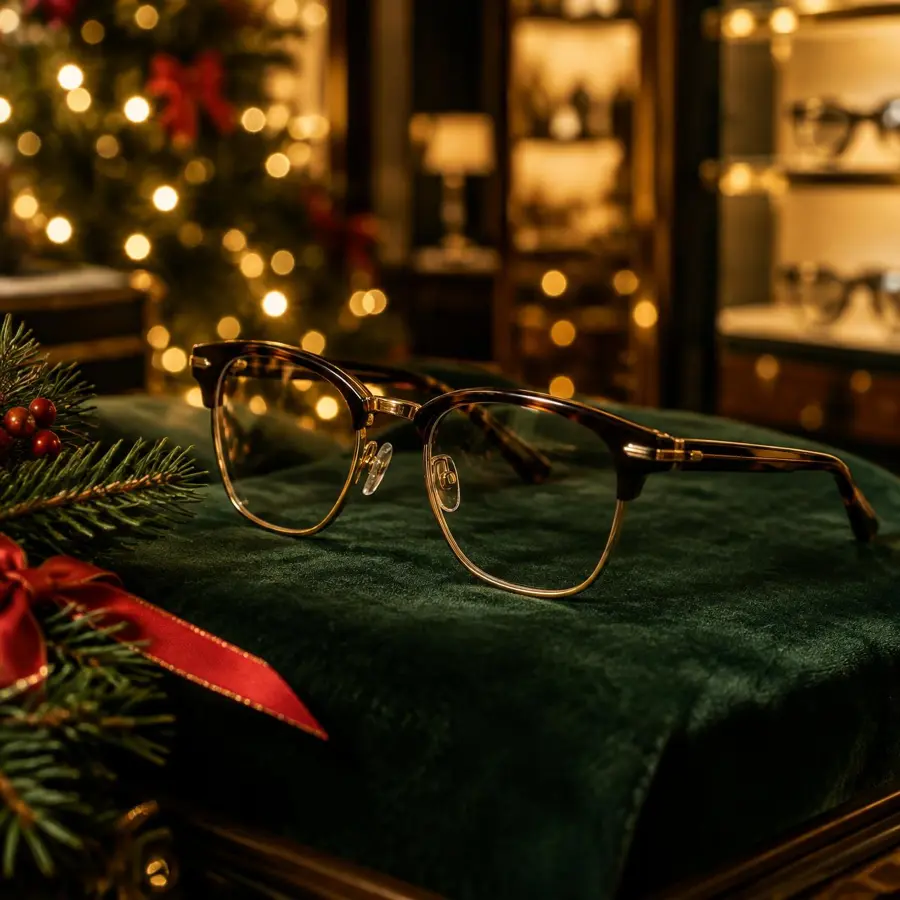 Anteojos en una óptica decorada para Navidad